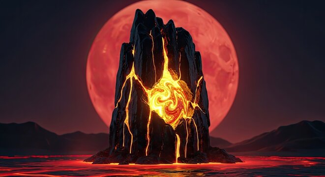 A surreal landscape featuring a dark, jagged volcanic rock formation with glowing lava cracks against a fiery red moon backdrop. A molten river flows