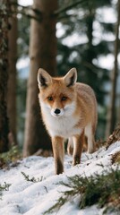 A fox is standing in the snow, looking at the camera