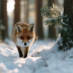 A fox is walking through the snow, looking for food