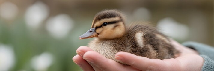 A baby duck is in a person's hand