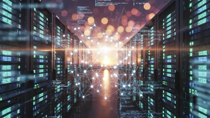 Rows of servers stand in a data center, each server glowing under computer code. Servers emit light in the data center as computer code reflects computing power. - Powered by Adobe