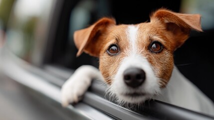 Friendly Jack Russell puppy looking out car window