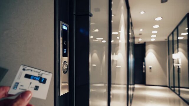 Office worker holding a key card, accessing an electronic control door and entering a secure corridor within a modern corporate building, ensuring safety and security