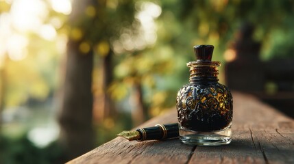 A calligraphy pen rests beside an ornate ink bottle on a wooden surface, bathed in warm ambient light with a soft natural background.