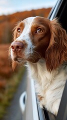 Brittany Spaniel enjoying autumn road trip