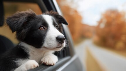 A Border Collie dog is looking out the window of a car
