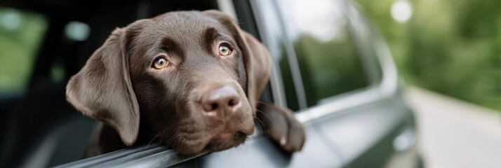 A Labrador dog is looking out the window of a car