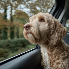 Curly coated Labradoodle enjoying a peaceful car ride