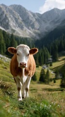 A cow is standing in a grassy field in front of a mountain range