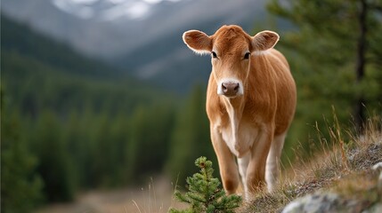 A cow is standing in a grassy field in front of a mountain range