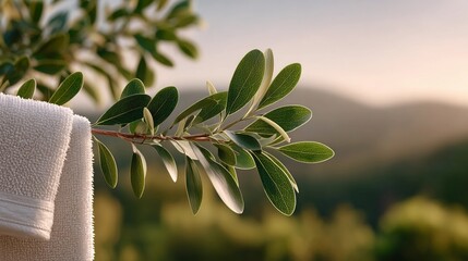 A white towel is hanging on a tree branch