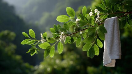 A white towel is hanging on a tree branch