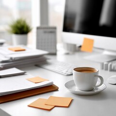 A desk with a computer monitor, a cup of coffee, and a notebook