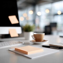 A desk with a computer monitor, a cup of coffee, and a notebook