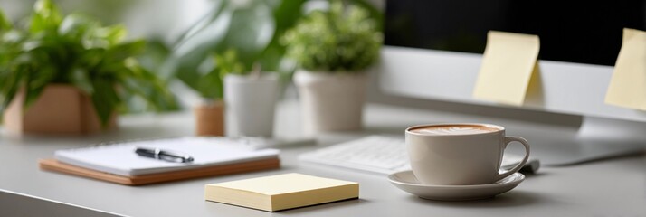 A desk with a computer monitor, a cup of coffee, and a notebook