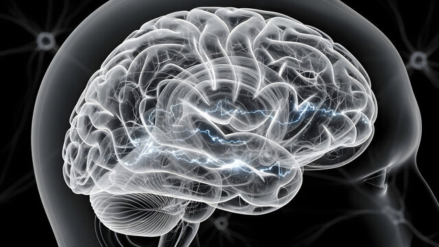 Human brain with electrical activity, showcasing neurological function and cognition for medical research, science education, mental health awareness initiatives