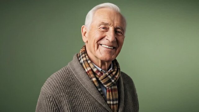 A cheerful and handsome old man with a kind smile, looking dapper in a warm sweater and scarf