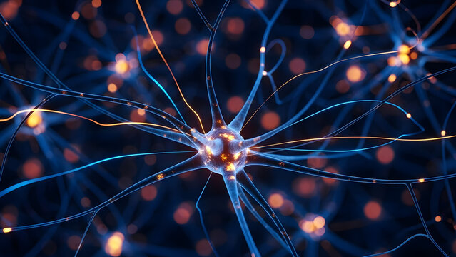 Intricate neural network sending signals, conveying innovation, discovery, and scientific advancement for medical research and technological breakthroughs