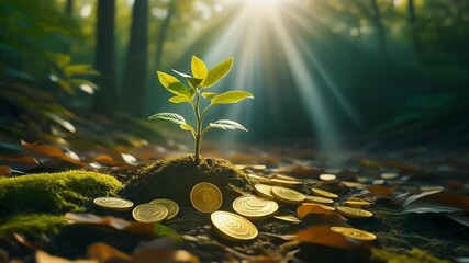 Financial growth concept: Young plant sprouting next to gold coins in a sunlit forest. - Powered by Adobe