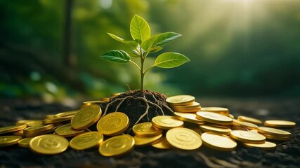 Seedling growing on gold coins, symbolizing investment, wealth, and financial growth. - Powered by Adobe