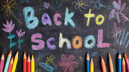 Colorful chalk art announces back to school season on a blackboard