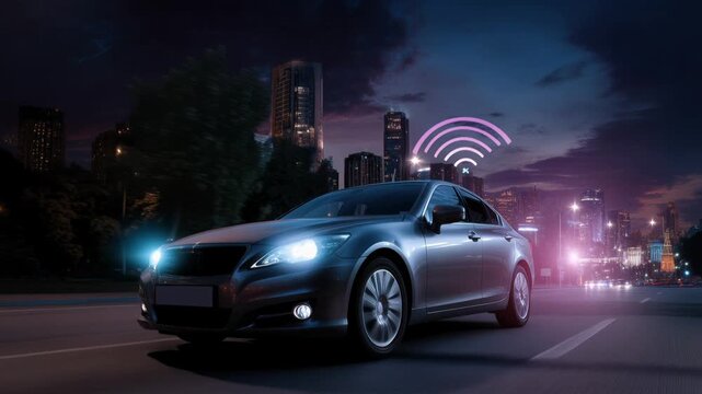 Black luxury sedan surrounded by glowing wifi signals, dark urban studio setting showcasing autonomous sensors, lidar and radar arrays, reflective exterior
