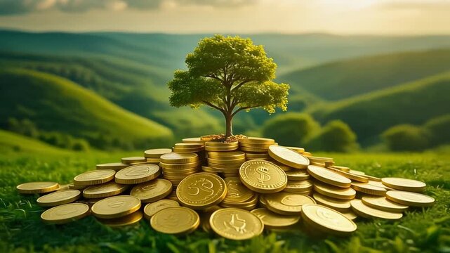 Tree growing from a pile of golden coins on lush green grass, symbolizing sustainable financial growth, investment, and wealth creation in a natural landscape