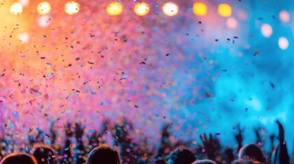 Colorful confetti shower during a lively concert celebration at night