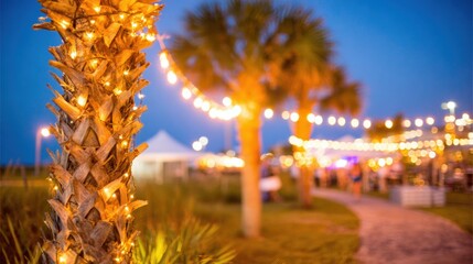 Evening stroll along palm trees lit by festive lights near the beach