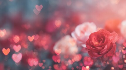 Bright red roses surrounded by heart shaped bokeh in a soft blur