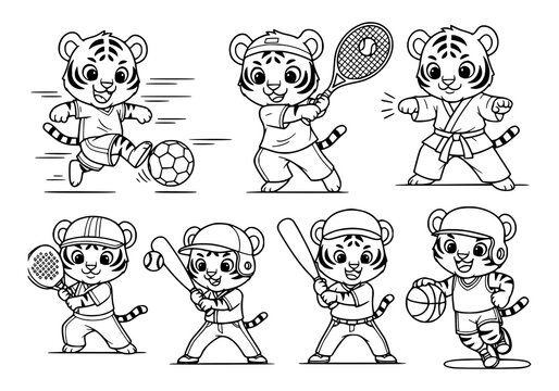 Cute cartoon tigers playing various sports like soccer, tennis, martial arts, baseball, and basketball, black and white line art.