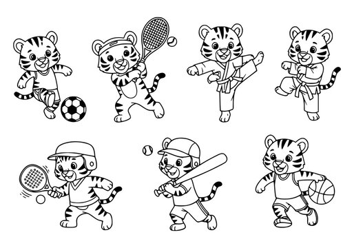 Black and white illustration of a tiger cub engaged in various sports activities.