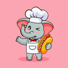 Cute Elephant Chef Winking with a Hot Dog Vector Illustration Cartoon Kawaii Design