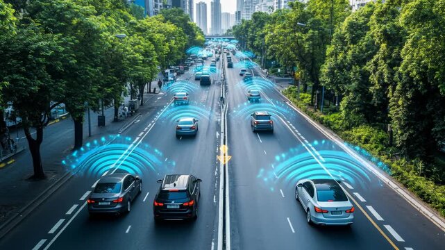 Aerial view autonomous vehicles urban highway. Futuristic blue sensor overlays highlight connected vehicle networks navigating tree-lined boulevard