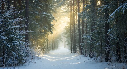 Snow covered forest path with golden sunlight streaming through trees winter