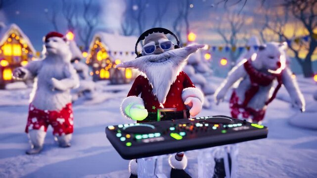 Christmas 3D Animation:  Funny Santa Claus DJ and polar bears dance on a festive winter background. Video for greeting cards, festive events, and New Year's parties.