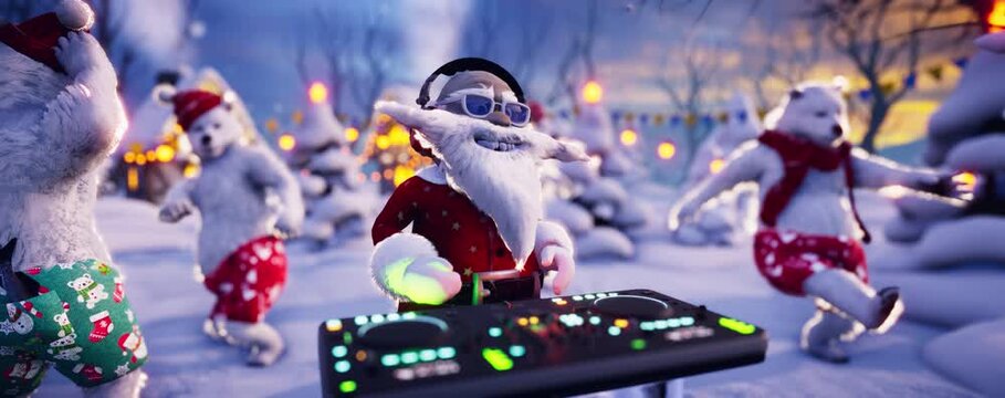 Christmas 3D Animation:  Funny Santa Claus DJ and polar bears dance on a festive winter background. Video for greeting cards, festive events, and New Year's parties.