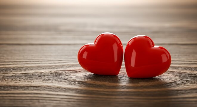 Two shiny red hearts on a rustic wooden surface love romance