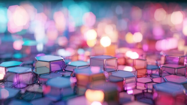Colorful hexagonal patterns create a vibrant, abstract scene at night