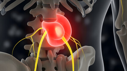 Sciatic pain relief concept to show spine inflammation, nerve compression, or lower back pain, promoting health awareness for medical illustration purposes