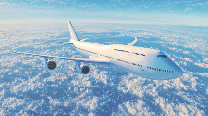 Airplane flying over fluffy clouds in a clear blue sky at midday