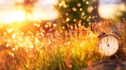 Beautiful sunset with an alarm clock surrounded by vibrant grass and sunlight