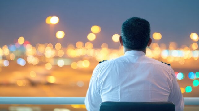 Pilot gazing at the runway during twilight at an airport