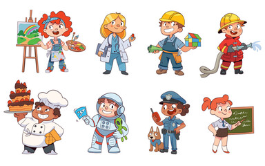 Cute cartoon children dressed as different professionals, including artist, doctor, builder, firefighter, chef, astronaut, police officer and teacher. Colorful job characters for kids. Illustration