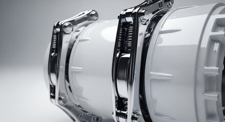 Close-up of a white and chrome industrial pipe with intricate clasps, showcasing detailed engineering and design.