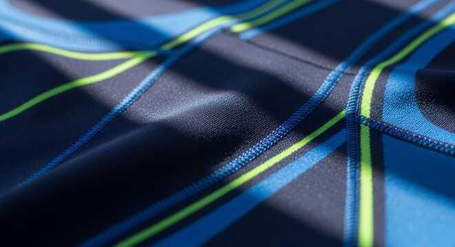Close-up of a vibrant blue and green patterned fabric with abstract lines and shadows.