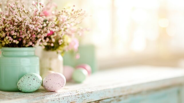 Soft pastel easter decorations with flowers and colored eggs on table