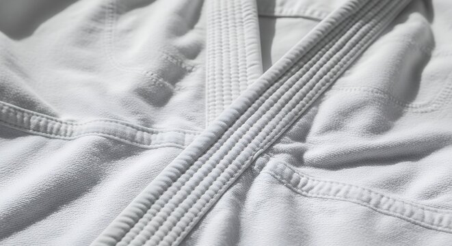 Close-up of a white martial arts gi, showcasing the texture and stitching of the uniform.