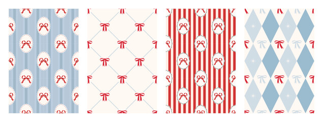 Obraz premium Christmas bows and ribbons seamless pattern background set. Vintage xmas packaging textures. Cute decorative frames. Coquette holiday print. Wrapping paper. Striped backdrop. Vector illustration