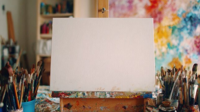 Creative workspace with empty canvas and art supplies ready for painting